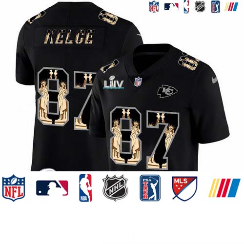 Personalized Kansas City Chiefs #87 Travis Kelce Carbon Black Super Bowl LIV 2020 Statue Of Liberty Limited NFL Jersey