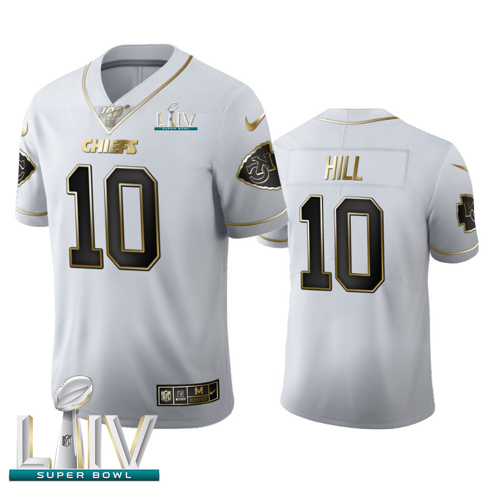 Personalized Kansas City Chiefs #10 Tyreek Hill Men’s White Golden Super Bowl LIV 2020 Edition Limited NFL 100 Jersey