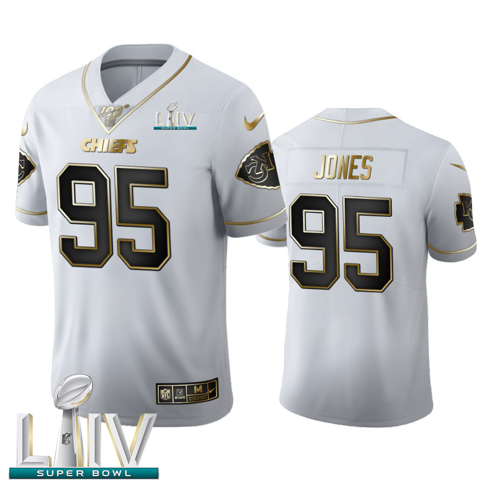 Personalized Kansas City Chiefs #95 Chris Jones Men’s White Golden Super Bowl LIV 2020 Edition Limited NFL 100 Jersey