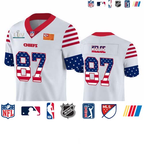 Personalized Kansas City Chiefs #87 Travis Kelce White Super Bowl LIV 2020 Men’s Team Logo USA Flag Untouchable Limited NFL Jersey