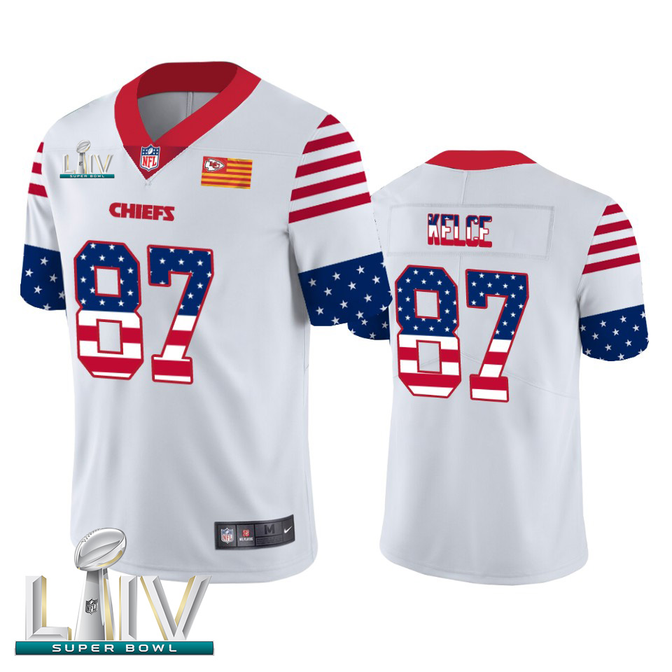 Personalized Kansas City Chiefs #87 Travis Kelce White Super Bowl LIV 2020 Men’s Team Logo USA Flag Untouchable Limited NFL Jersey