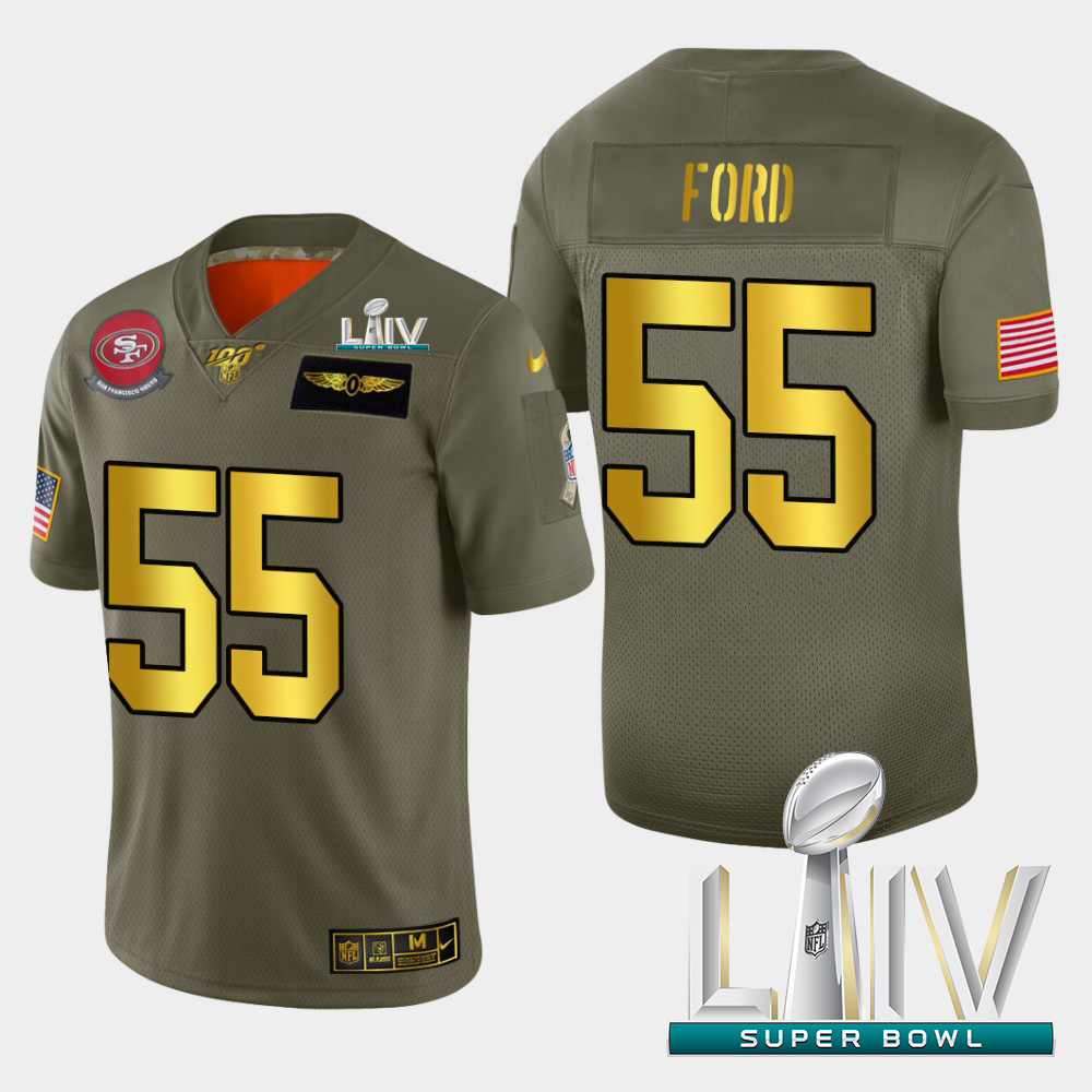 Personalized 49ers #55 Dee Ford Men’s Olive Gold Super Bowl LIV 2020 2019 Salute to Service NFL 100 Limited Jersey