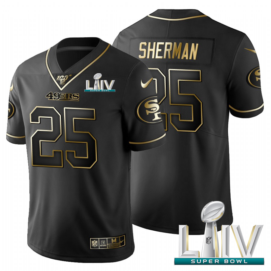 Personalized San Francisco 49ers #25 Richard Sherman Men’s Black Golden Super Bowl LIV 2020 Limited NFL 100 Jersey