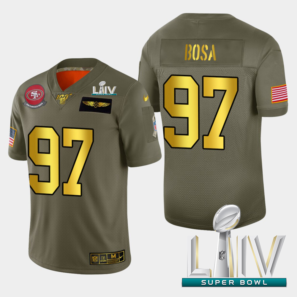 Personalized 49ers #97 Nick Bosa Men’s Olive Gold Super Bowl LIV 2020 2019 Salute to Service NFL 100 Limited Jersey