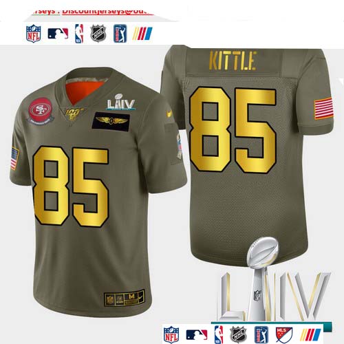 Personalized 49ers #85 George Kittle Men’s Olive Gold Super Bowl LIV 2020 2019 Salute to Service NFL 100 Limited Jersey