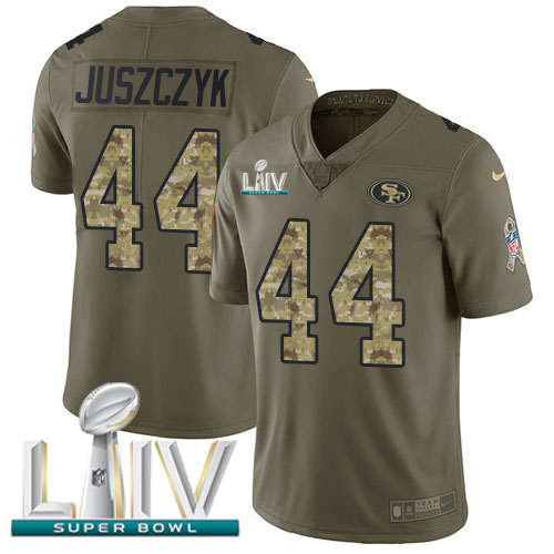 Personalized 49ers #44 Kyle Juszczyk Olive Camo Super Bowl LIV 2020 Men’s Stitched NFL Limited 2017 Salute To Service Jersey