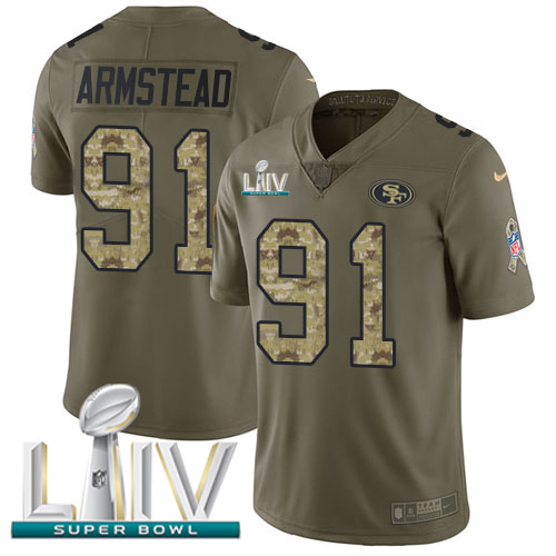 Personalized 49ers #91 Arik Armstead Olive Camo Super Bowl LIV 2020 Men’s Stitched NFL Limited 2017 Salute To Service Jersey