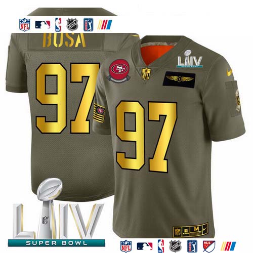 Personalized San Francisco 49ers #97 Nick Bosa NFL Men’s Olive Gold Super Bowl LIV 2020 2019 Salute to Service Limited Jersey