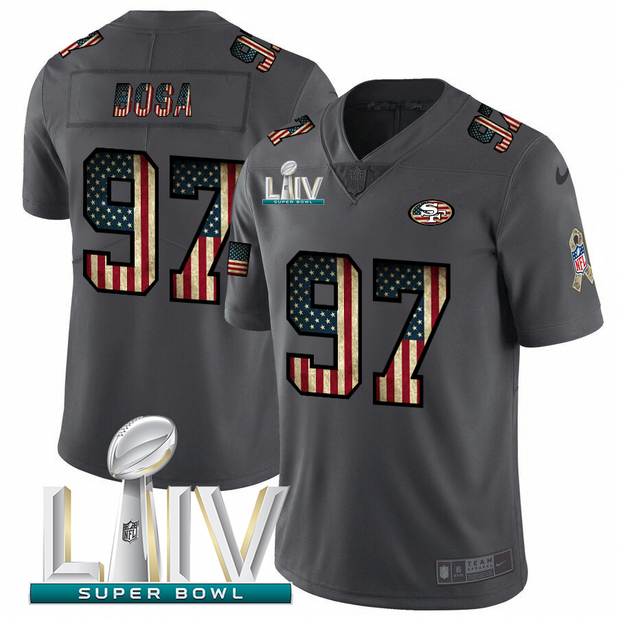 Personalized San Francisco 49ers #97 Nick Bosa Black Super Bowl LIV 2020 2018 Salute to Service Retro USA Flag Limited NFL Jersey