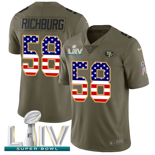 Personalized 49ers #58 Weston Richburg Olive USA Flag Super Bowl LIV 2020 Men’s Stitched NFL Limited 2017 Salute To Service Jersey