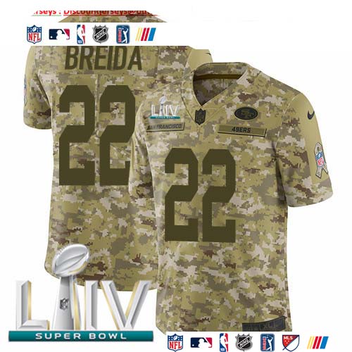 Personalized 49ers #22 Matt Breida Camo Super Bowl LIV 2020 Men’s Stitched NFL Limited 2018 Salute To Service Jersey