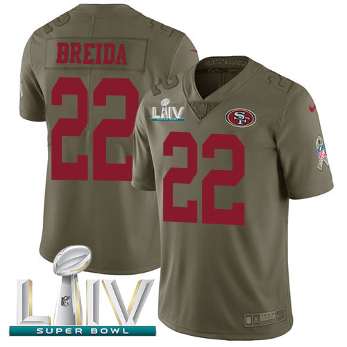 Personalized 49ers #22 Matt Breida Olive Super Bowl LIV 2020 Men’s Stitched NFL Limited 2017 Salute To Service Jersey