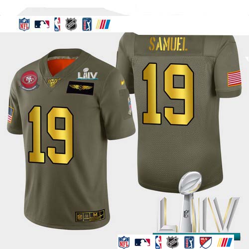 Personalized 49ers #19 Deebo Samuel Men’s Olive Gold Super Bowl LIV 2020 2019 Salute to Service NFL 100 Limited Jersey