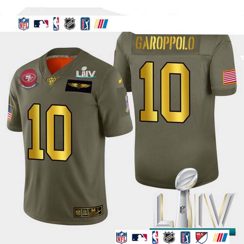 Personalized 49ers #10 Jimmy Garoppolo Men’s Olive Gold Super Bowl LIV 2020 2019 Salute to Service NFL 100 Limited Jersey