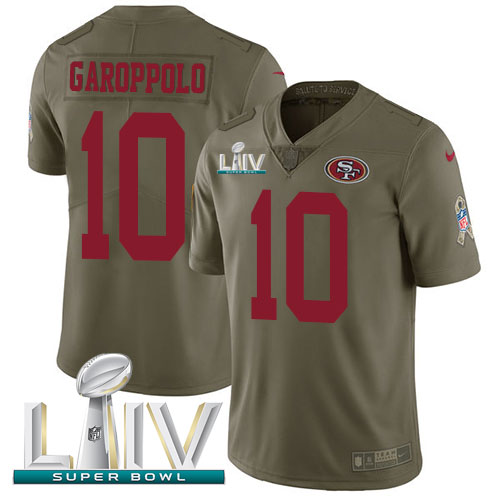 Personalized 49ers #10 Jimmy Garoppolo Olive Super Bowl LIV 2020 Men’s Stitched NFL Limited 2017 Salute To Service Jersey