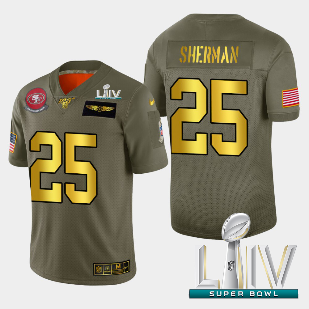 Personalized 49ers #25 Richard Sherman Men’s Olive Gold Super Bowl LIV 2020 2019 Salute to Service NFL 100 Limited Jersey