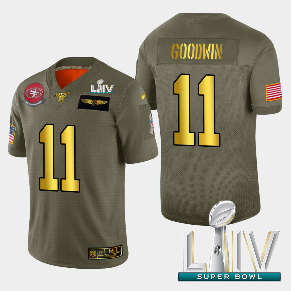 Personalized 49ers #11 Marquise Goodwin Men’s Olive Gold Super Bowl LIV 2020 2019 Salute to Service NFL 100 Limited Jersey
