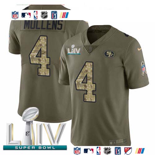 Personalized 49ers #4 Nick Mullens Olive Camo Super Bowl LIV 2020 Men’s Stitched NFL Limited 2017 Salute To Service Jersey