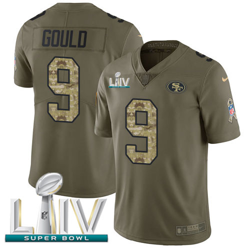 Personalized 49ers #9 Robbie Gould Olive Camo Super Bowl LIV 2020 Men’s Stitched NFL Limited 2017 Salute To Service Jersey