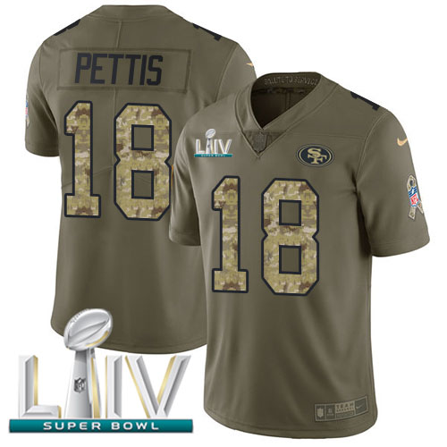 Personalized 49ers #18 Dante Pettis Olive Camo Super Bowl LIV 2020 Men’s Stitched NFL Limited 2017 Salute To Service Jersey