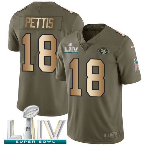 Personalized 49ers #18 Dante Pettis Olive Gold Super Bowl LIV 2020 Men’s Stitched NFL Limited 2017 Salute To Service Jersey