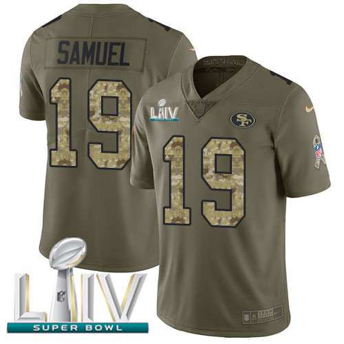 Personalized 49ers #19 Deebo Samuel Olive Camo Super Bowl LIV 2020 Men’s Stitched NFL Limited 2017 Salute To Service Jersey