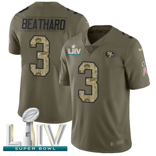 Personalized 49ers #3 C.J. Beathard Olive Camo Super Bowl LIV 2020 Men’s Stitched NFL Limited 2017 Salute To Service Jersey