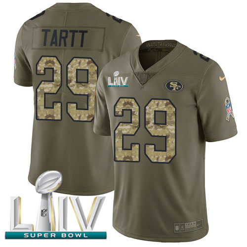Personalized 49ers #29 Jaquiski Tartt Olive Camo Super Bowl LIV 2020 Men’s Stitched NFL Limited 2017 Salute To Service Jersey