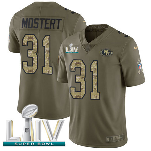 Personalized 49ers #31 Raheem Mostert Olive Camo Super Bowl LIV 2020 Men’s Stitched NFL Limited 2017 Salute To Service Jersey