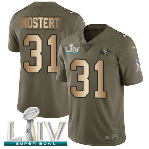 Personalized 49ers #31 Raheem Mostert Olive Gold Super Bowl LIV 2020 Men’s Stitched NFL Limited 2017 Salute To Service Jersey