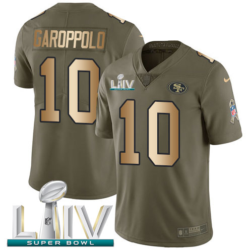 Personalized 49ers #10 Jimmy Garoppolo Olive Gold Super Bowl LIV 2020 Men’s Stitched NFL Limited 2017 Salute To Service Jersey
