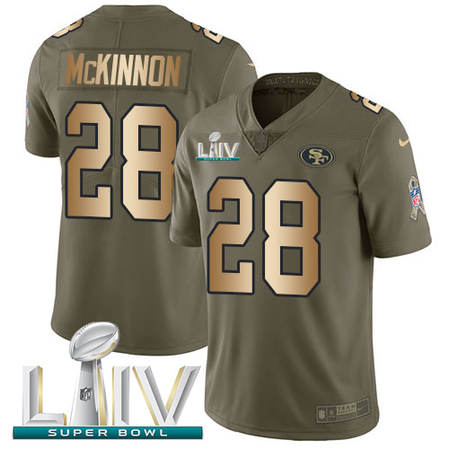 Personalized 49ers #28 Jerick McKinnon Olive Gold Super Bowl LIV 2020 Men’s Stitched NFL Limited 2017 Salute To Service Jersey