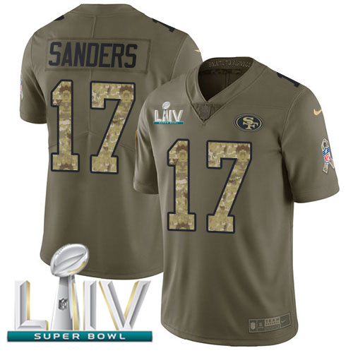 Personalized 49ers #17 Emmanuel Sanders Olive Camo Super Bowl LIV 2020 Men’s Stitched NFL Limited 2017 Salute To Service Jersey