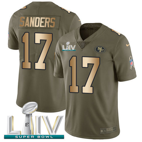 Personalized 49ers #17 Emmanuel Sanders Olive Gold Super Bowl LIV 2020 Men’s Stitched NFL Limited 2017 Salute To Service Jersey