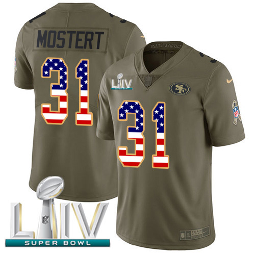 Personalized 49ers #31 Raheem Mostert Olive USA Flag Super Bowl LIV 2020 Men’s Stitched NFL Limited 2017 Salute To Service Jersey
