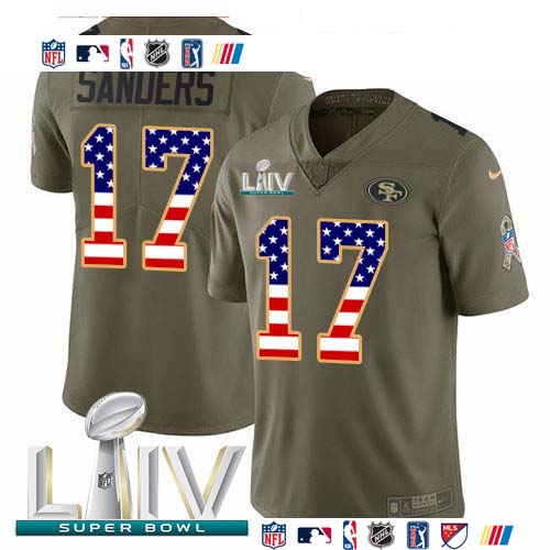 Personalized 49ers #17 Emmanuel Sanders Olive USA Flag Super Bowl LIV 2020 Men’s Stitched NFL Limited 2017 Salute To Service Jersey