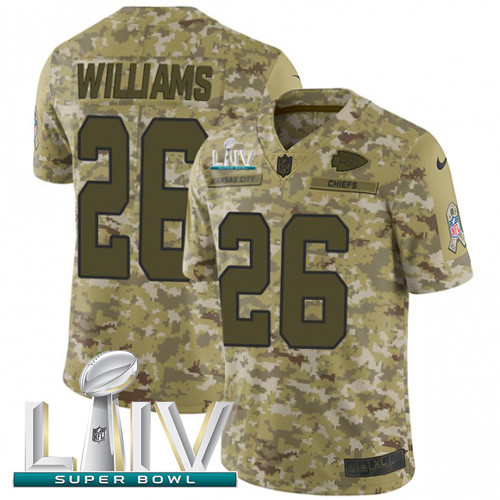 Personalized Chiefs #26 Damien Williams Camo Super Bowl LIV 2020 Men’s Stitched NFL Limited 2018 Salute To Service Jersey