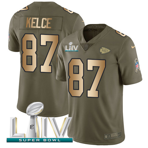 Personalized Chiefs #87 Travis Kelce Olive Gold Super Bowl LIV 2020 Men’s Stitched NFL Limited 2017 Salute To Service Jersey