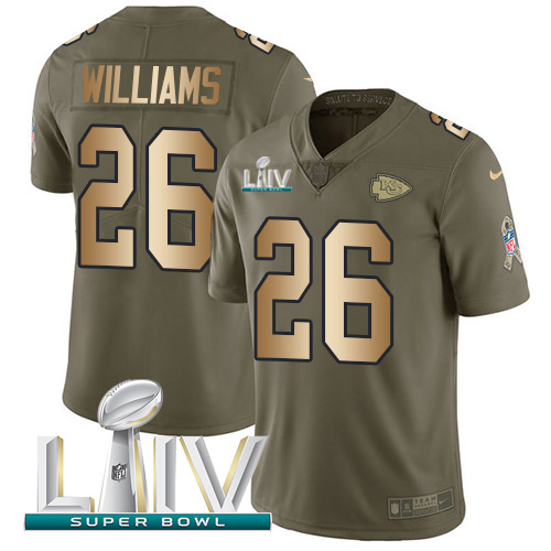 Personalized Chiefs #26 Damien Williams Olive Gold Super Bowl LIV 2020 Men’s Stitched NFL Limited 2017 Salute To Service Jersey