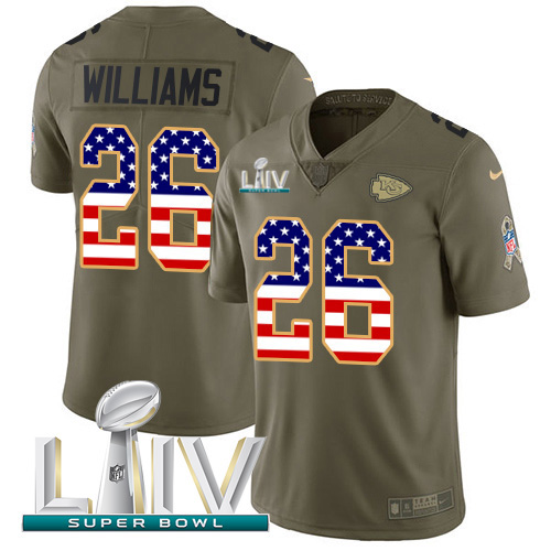 Personalized Chiefs #26 Damien Williams Olive USA Flag Super Bowl LIV 2020 Men’s Stitched NFL Limited 2017 Salute To Service Jersey