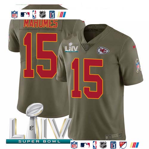 Personalized Chiefs #15 Patrick Mahomes Olive Super Bowl LIV 2020 Men’s Stitched NFL Limited 2017 Salute To Service Jersey