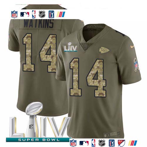 Personalized Chiefs #14 Sammy Watkins Olive Camo Super Bowl LIV 2020 Men’s Stitched NFL Limited 2017 Salute To Service Jersey