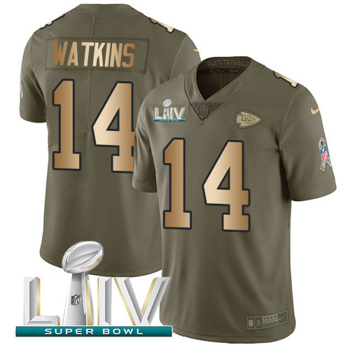 Personalized Chiefs #14 Sammy Watkins Olive Gold Super Bowl LIV 2020 Men’s Stitched NFL Limited 2017 Salute To Service Jersey