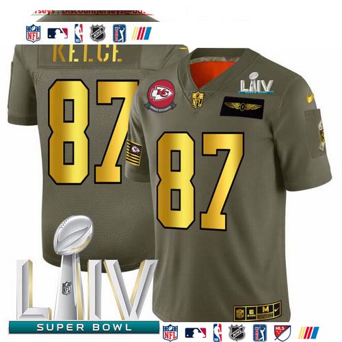 Personalized Kansas City Chiefs #87 Travis Kelce NFL Men’s Olive Gold Super Bowl LIV 2020 2019 Salute to Service Limited Jersey