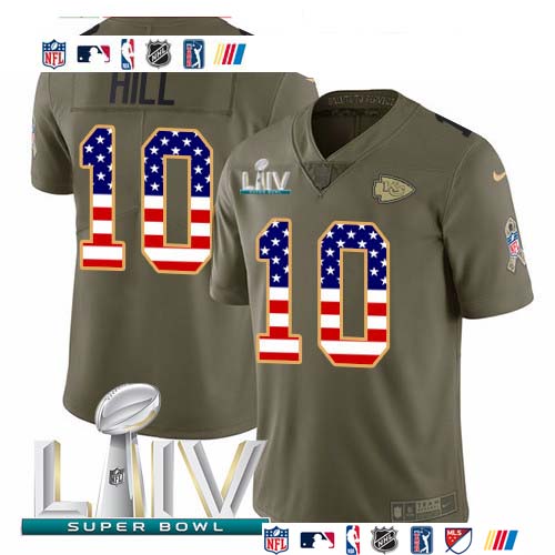 Personalized Chiefs #10 Tyreek Hill Olive USA Flag Super Bowl LIV 2020 Men’s Stitched NFL Limited 2017 Salute To Service Jersey