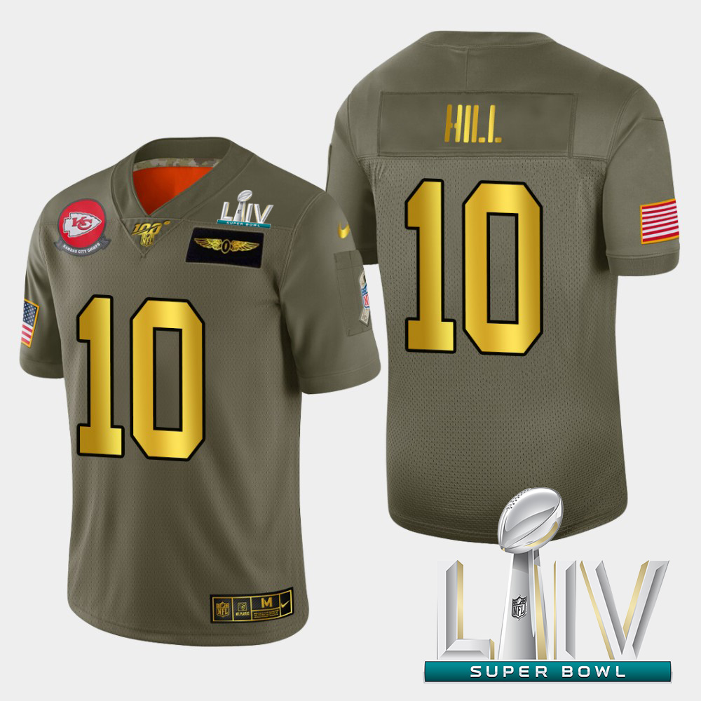 Personalized Kansas City Chiefs #10 Tyreek Hill Men’s Olive Gold Super Bowl LIV 2020 2019 Salute to Service Limited NFL 100 Jersey