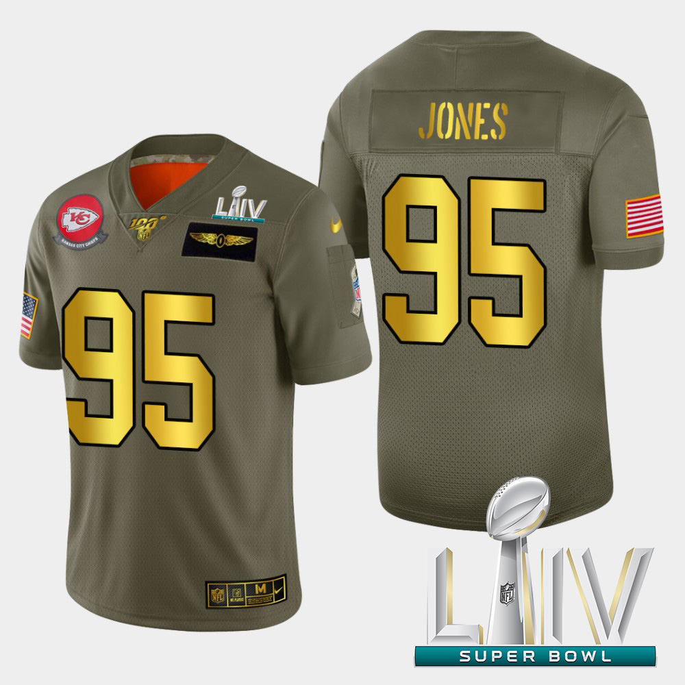 Personalized Kansas City Chiefs #95 Chris Jones Men’s Olive Gold Super Bowl LIV 2020 2019 Salute to Service Limited NFL 100 Jersey