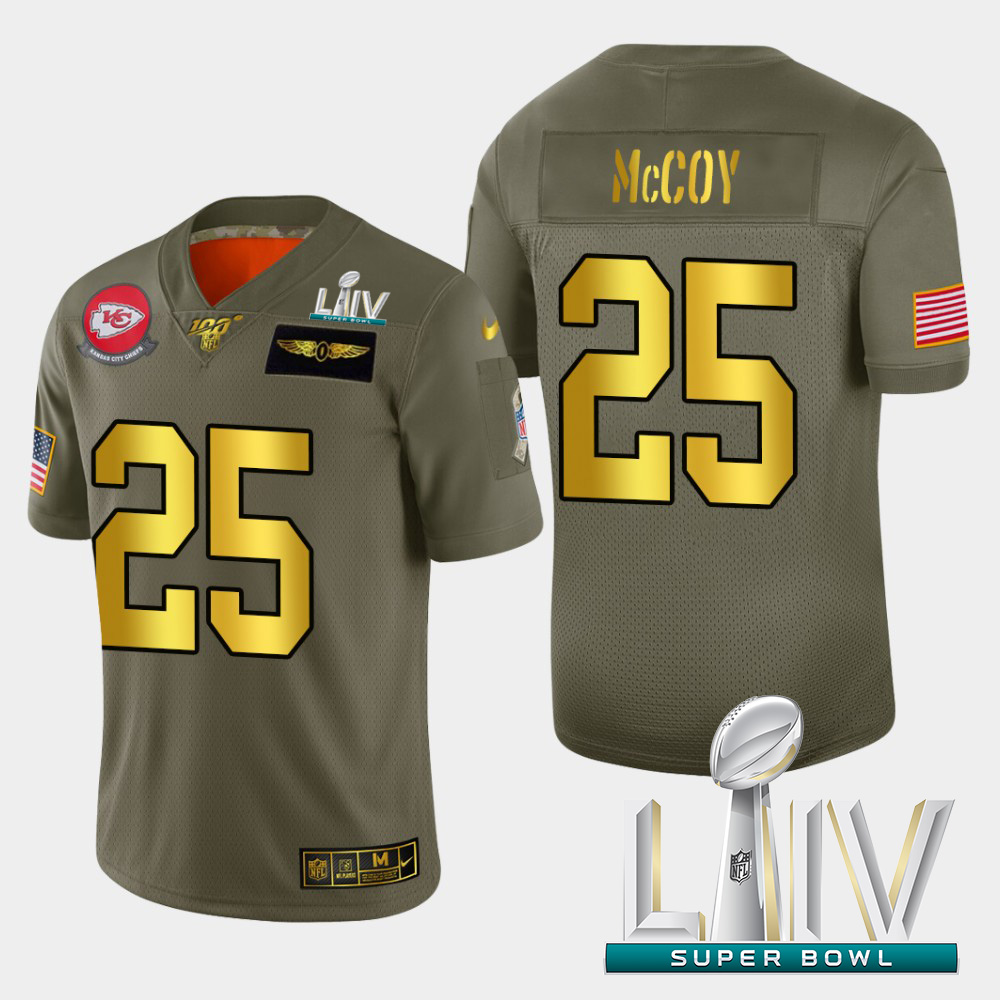 Personalized Kansas City Chiefs #25 LeSean McCoy Men’s Olive Gold Super Bowl LIV 2020 2019 Salute to Service Limited NFL 100 Jersey