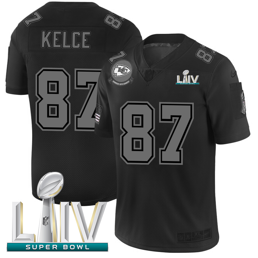 Personalized Kansas City Chiefs #87 Travis Kelce Men’s Black Super Bowl LIV 2020 2019 Salute to Service Limited Stitched NFL Jersey