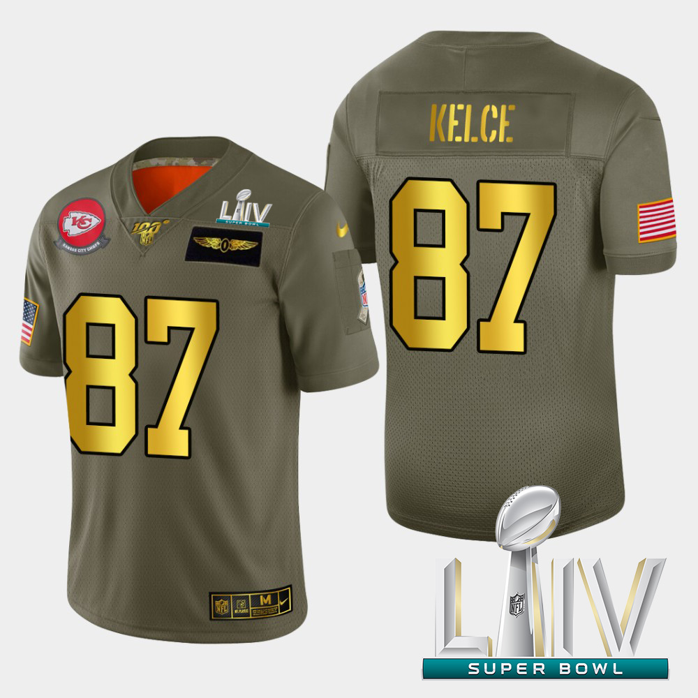 Personalized Kansas City Chiefs #87 Travis Kelce Men’s Olive Gold Super Bowl LIV 2020 2019 Salute to Service Limited NFL 100 Jersey